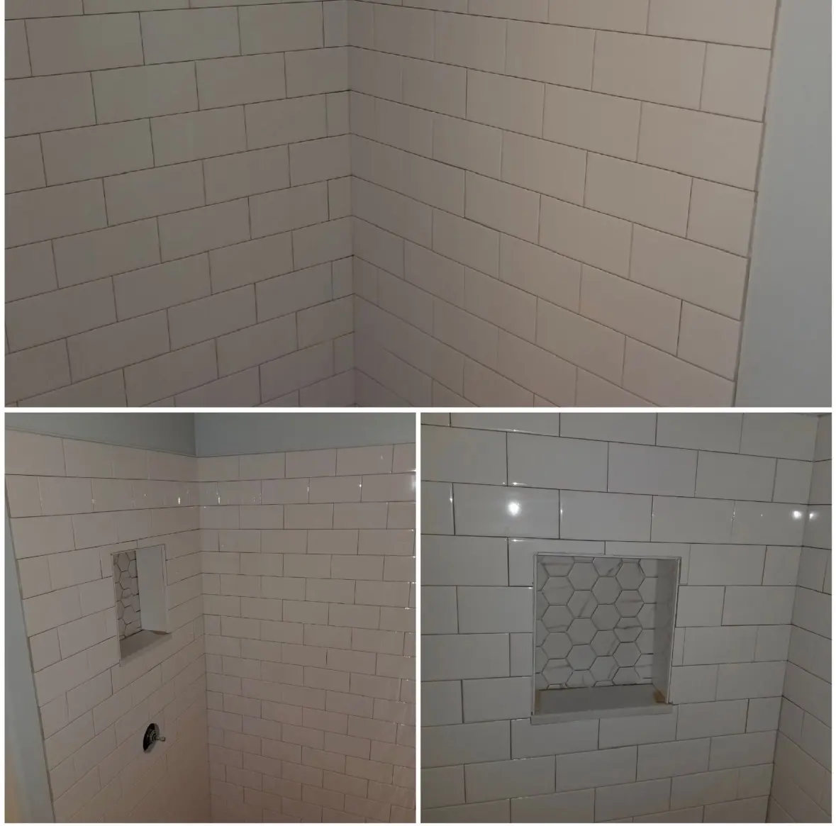 Completed subway tile shower by Cedar Tough Builders
